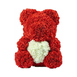 Αρκουδάκι Mohicans από τεχνητά τριαντάφυλλα Love Bear  με Λευκή καρδούλα 40cm Κόκκινο