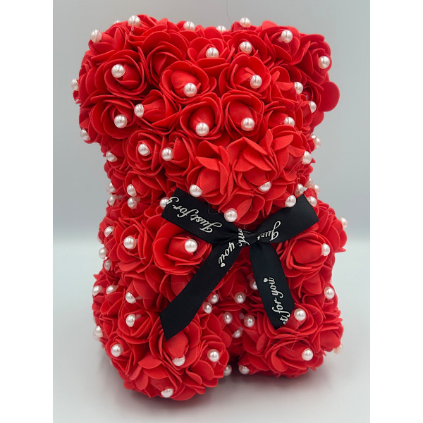 Αρκουδάκι από Τεχνητά Τριαντάφυλλα με πέρλες σε Συσκευασία Δώρου 25cm 82598 Κόκκινο