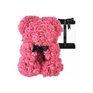 Αρκουδάκι από Τεχνητά Τριαντάφυλλα σε Συσκευασία Δώρου με Φιόγκο 25cm 98193 Ροζ