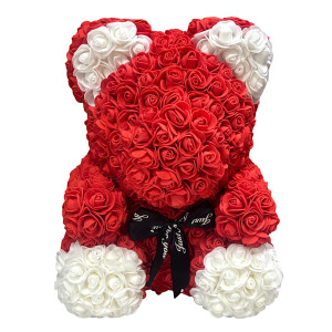 Αρκουδάκι Mohicans από τεχνητά τριαντάφυλλα Love Bear  με άσπρες πατούσες και αυτάκια 40cm 98194-1 Κόκκινο
