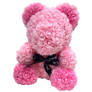 Αρκουδάκι Mohicans από τεχνητά τριαντάφυλλα Love Bear  με Φούξια πατούσες και αυτάκια 40cm 98194-2 Ροζ
