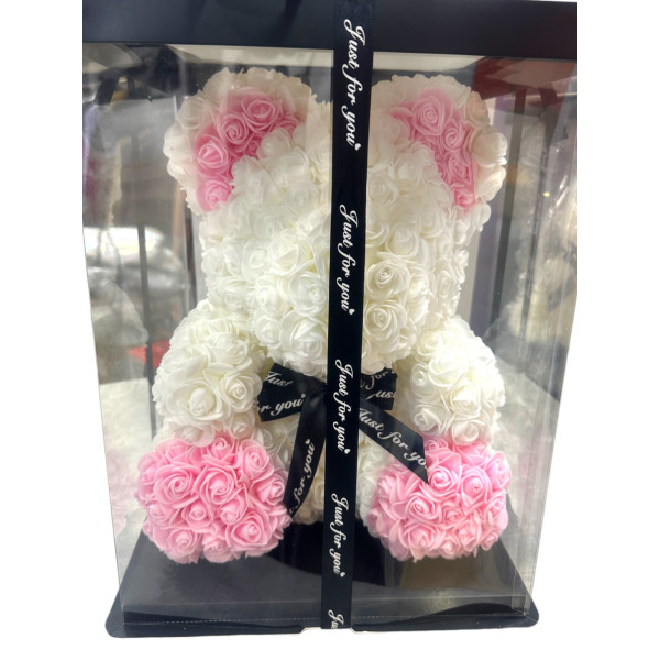 Αρκουδάκι Mohicans από τεχνητά τριαντάφυλλα Love Bear  με Ροζ πατούσες και αυτάκια 40cm 98194 Λευκό