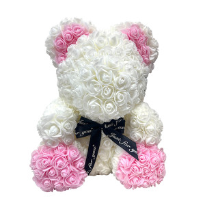 Αρκουδάκι Mohicans από τεχνητά τριαντάφυλλα Love Bear  με Ροζ πατούσες και αυτάκια 40cm 98194 Λευκό