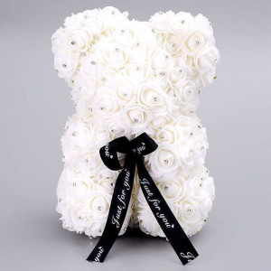 Αρκουδάκι από Τεχνητά Τριαντάφυλλα με στρασάκια σε Συσκευασία Δώρου 25cm 98197 Λευκό