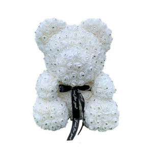Αρκουδάκι από Τεχνητά Τριαντάφυλλα με στρασάκια σε Συσκευασία Δώρου 25cm 98197 Λευκό