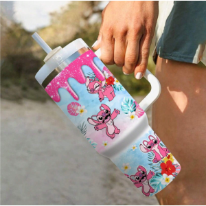 Disney Stitch 1.5L Μπουκάλι νερού 40 oz από ανοξείδωτο χάλυβα με λαβή κούπα ταξιδιού με μόνωση με καλαμάκι ML0047 Ροζ