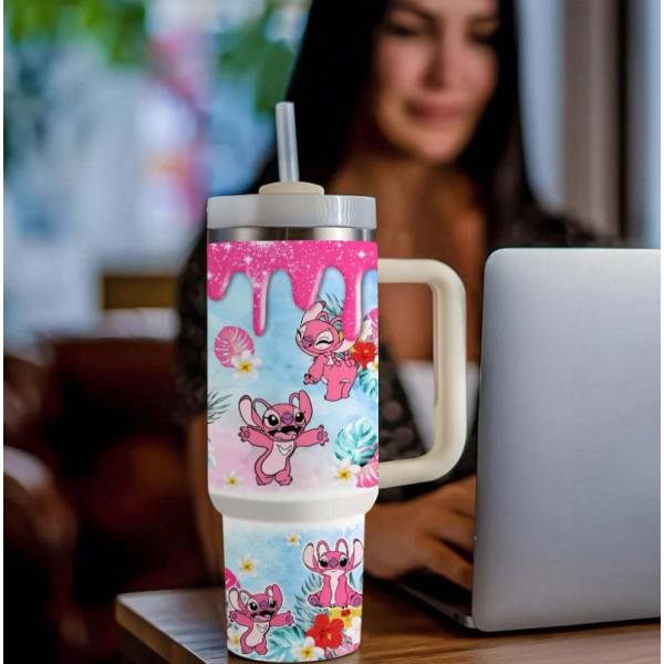 Disney Stitch 1.5L Μπουκάλι νερού 40 oz από ανοξείδωτο χάλυβα με λαβή κούπα ταξιδιού με μόνωση με καλαμάκι ML0047 Ροζ