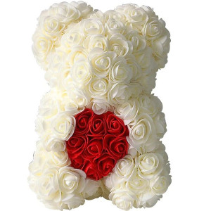 Αρκουδάκι από Τεχνητά Τριαντάφυλλα σε Συσκευασία Δώρου με Φιόγκο 25cm  Αρκούδι που κρατάει Καρδούλα Rose Bear Δώρο Αγίου Βαλεντίνου Λευκό Κόκκινο