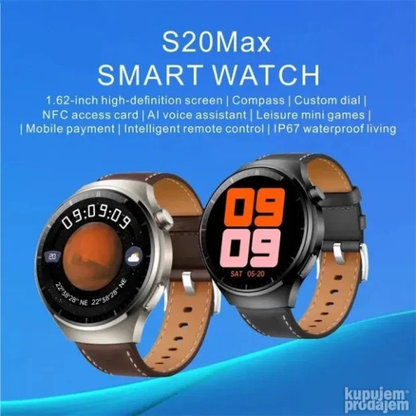 Smartwatch S20 MAX with voice assistant, 46mm, male smartwatch, NFC access control, pressure monitor, full screen, compass, 480x480, Καφέ