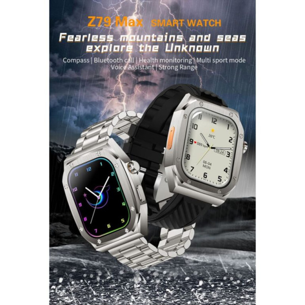 Z79 Max Smartwatch με Παλμογράφο 1 μπρασελέ ανοξείδωτο + 1 λουράκι καουτσούκ Μαύρο