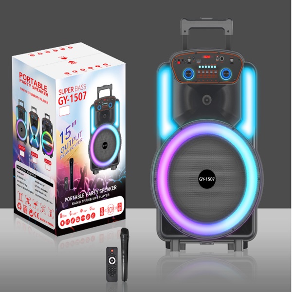 Ασύρματο ηχείο Karaoke Partybox Bluetooth με ροδάκια, ηχείο subwoofer 50W 15" με ασύρματο μικρόφωνο, τηλεχειριστήριο και RGB φωτισμό GY-1507