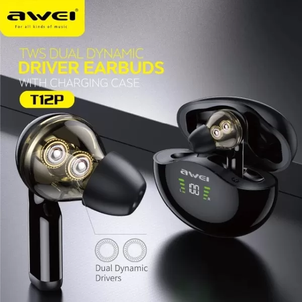 ΑΣΥΡΜΑΤΑ  ΑΚΟΥΣΤΙΚΑ BLUETOOTH ΜΕ ΚΟΥΤΙ ΦΟΡΤΙΣΗΣ AWEI TWS T12P.ΜΑΥΡΟ