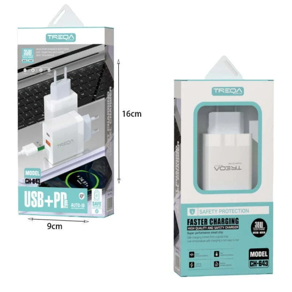 Φορτιστής ταχείας φόρτισης με Θύρα USB-A και Θύρα USB-C και Καλώδιο TYPE-C σε TYPE-C 35W Λευκός CH-643-CC