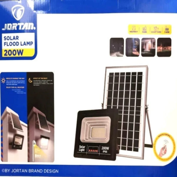 Jortan Στεγανός Ηλιακός Προβολέας LED 200W με Τηλεχειριστήριο IP66