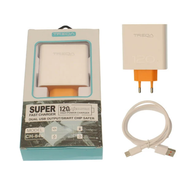 Treqa Φορτιστής και Καλώδιο USB-C 120W Quick Charge 3.0 Λευκός CH-646
