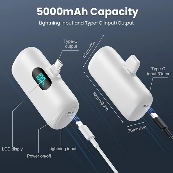 Μίνι φορητός φορτιστής Type-C 5000 mAh ταχείας φόρτισης 15 W PD με οθόνη LCD K53-TYPE-C Λευκό
