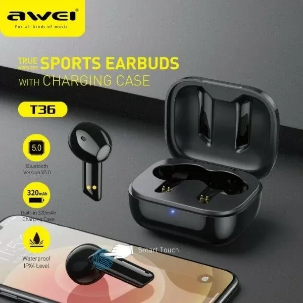 ΑΣΥΡΜΑΤΑ  ΑΚΟΥΣΤΙΚΑ BLUETOOTH ΜΕ ΚΟΥΤΙ ΦΟΡΤΙΣΗΣ AWEI TWS T36 ΜΑΥΡΟ