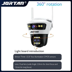 Κάμερα JORTAN 9MP Wifi, εξωτερική οθόνη 3 αισθητήρων με υβριδικό ζουμ 8x, διεπαφή Ethernet RJ45, λειτουργία έξυπνου συναγερμού, ανίχνευση κίνησης AI, έγχρωμη νυχτερινή όραση και ήχος 2 δρόμων JORTAN5PRO