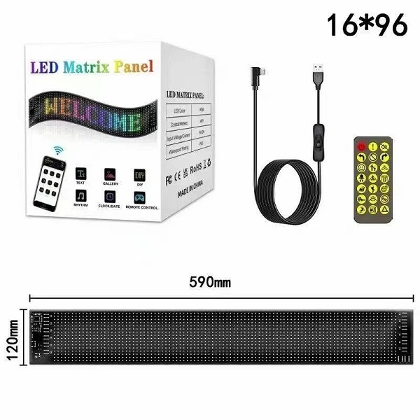 Εύκαμπτη LED Οθόνη Πάνελ Αυτοκινήτου Προσαρμοσμένου Κειμένου και Κινούμενης Εικόνας 16x96 pixel 5v 120x590mm με Bluetooth και Τηλεχειρισμό JN-2853-86 RGB