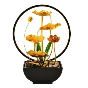 Διακοσμητικό Συντριβάνι Feng Shui με Χρυσά Λουλούδια Λωτού 3 επιπέδων & Φωτιστικό 30x18x38 cm LED ZG72791