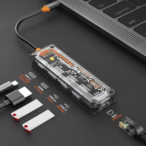 Διανομέας 5 σε 1 Type-C Σε LAN Με 2 Θύρες USB-3.0 1 Θύρα Type-C 1 Θύρα HDTV A-012 Διαφανής θήκη