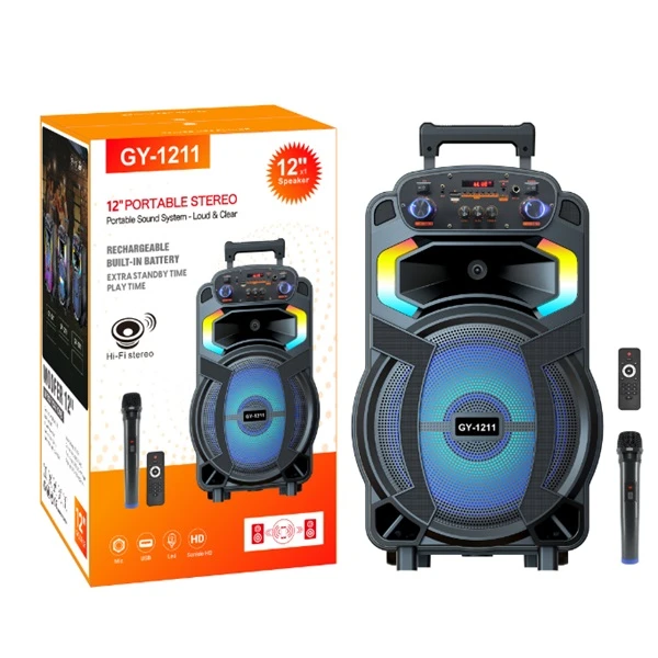 Ασύρματο ηχείο Karaoke Partybox Bluetooth με ροδάκια, ηχείο subwoofer 40W 12" με ασύρματο μικρόφωνο, τηλεχειριστήριο και πολύχρωμο φωτισμό GY-1201