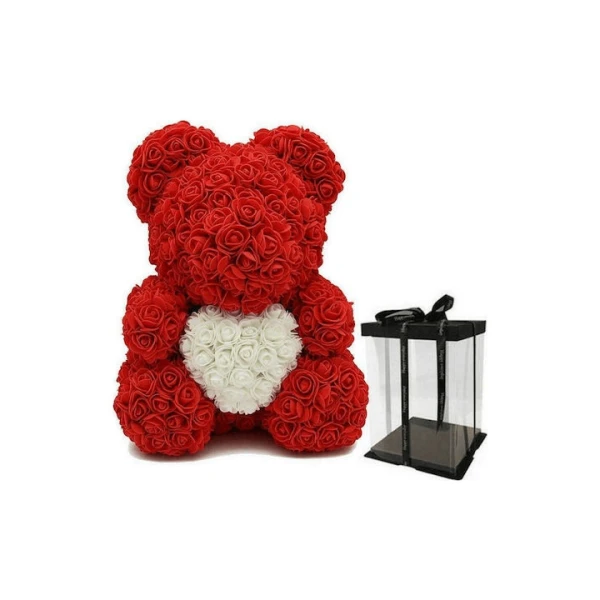 Αρκουδάκι από Τεχνητά Τριαντάφυλλα Κόκκινο & Λευκό 25cm σε Κουτί WHJ-499-005