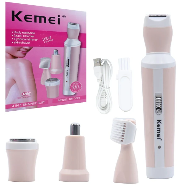 Σετ Αποτρίχωσης Epilator για Πρόσωπο και Σώμα 4 σε 1 Kemei KM-3024 Ροζ-Λευκό