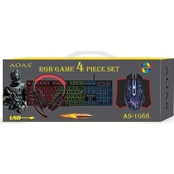 AOAS AS-1088 4in1 Σετ Gaming Πληκτρολόγιο με RGB φωτισμό & Ποντίκι (Αγγλικό US)